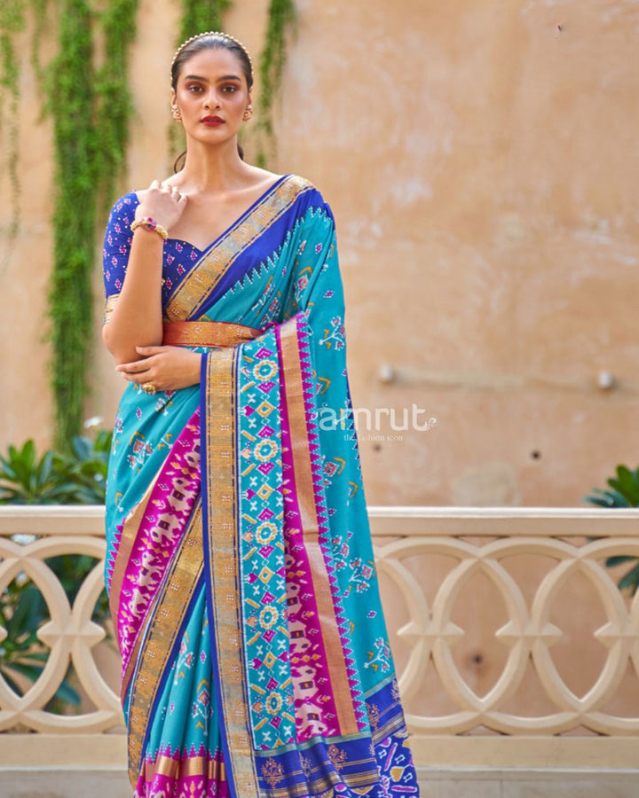 Sky Blue Pure Patola Cotton Silk Saree iwith Unstitched Blouse