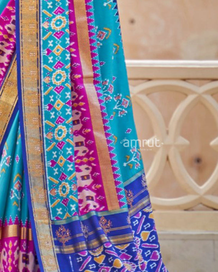 Sky Blue Pure Patola Cotton Silk Saree iwith Unstitched Blouse