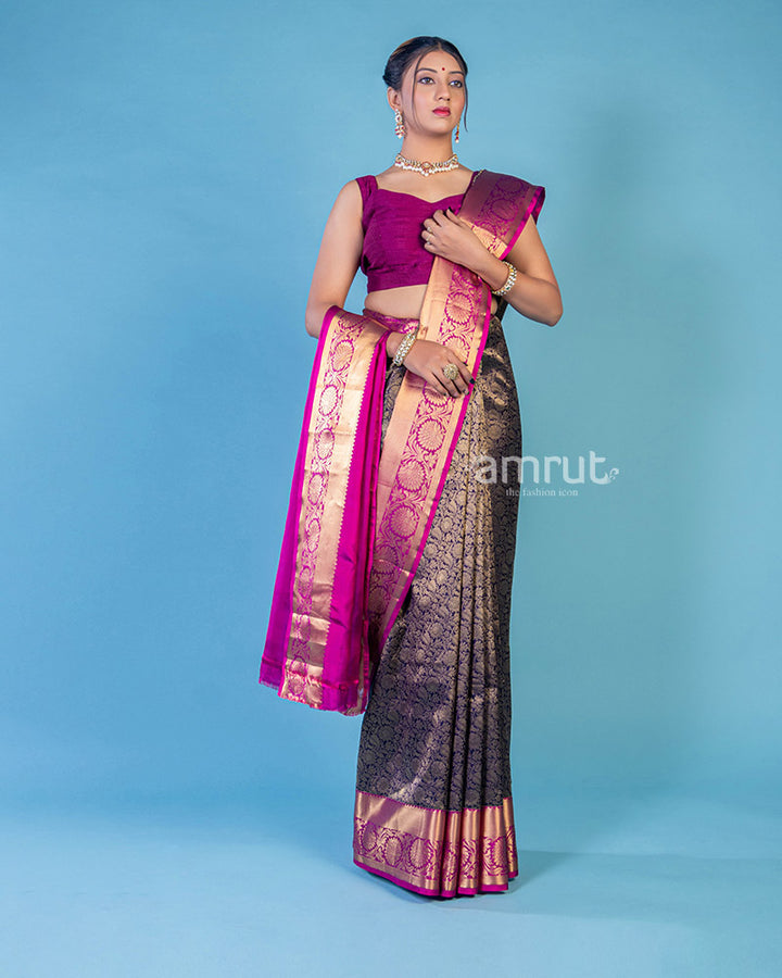 Purple Banarasi Saree With Unstitch Blouse