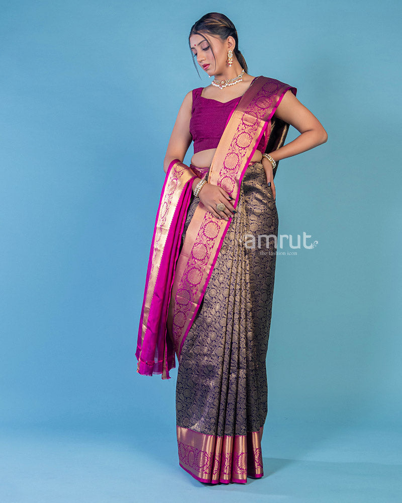 Purple Banarasi Saree With Unstitch Blouse