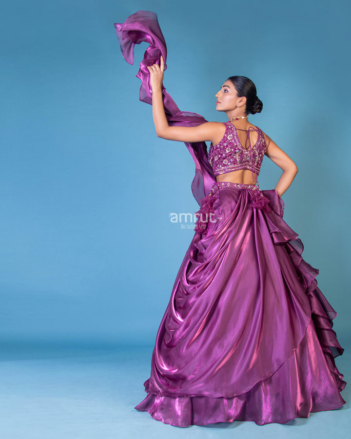 Purple Hand Embellished Lehenga Set With Ruffle Dupatta