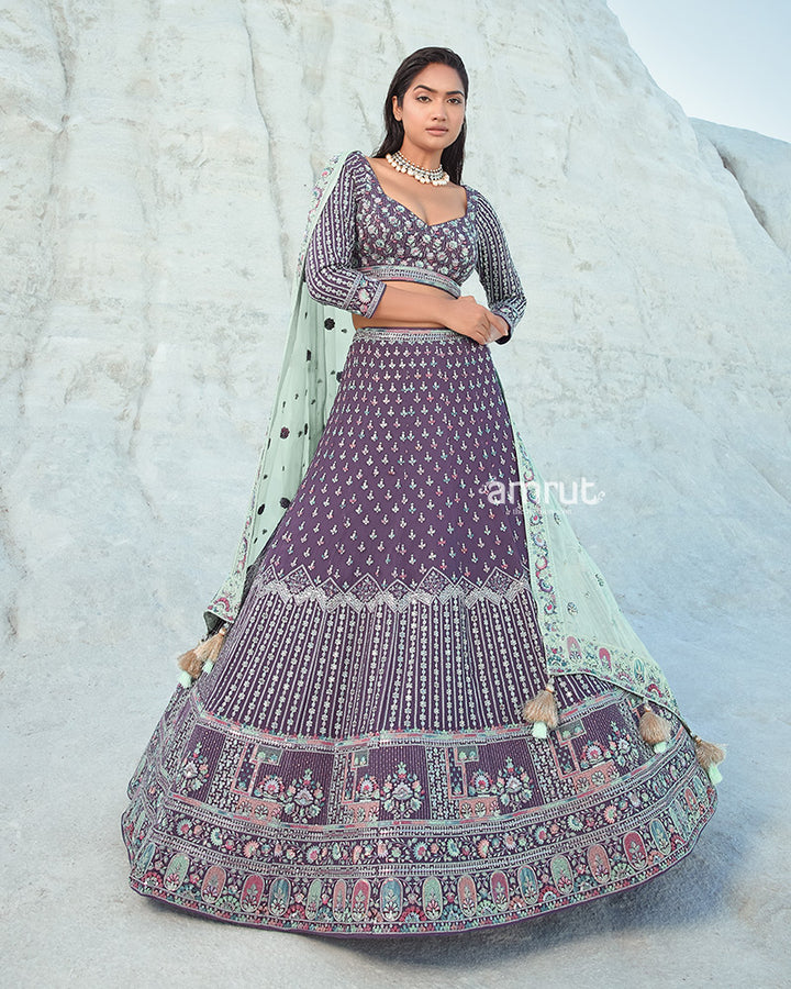 Purple Lehenga Set in Georgette With Floral Sequin Work