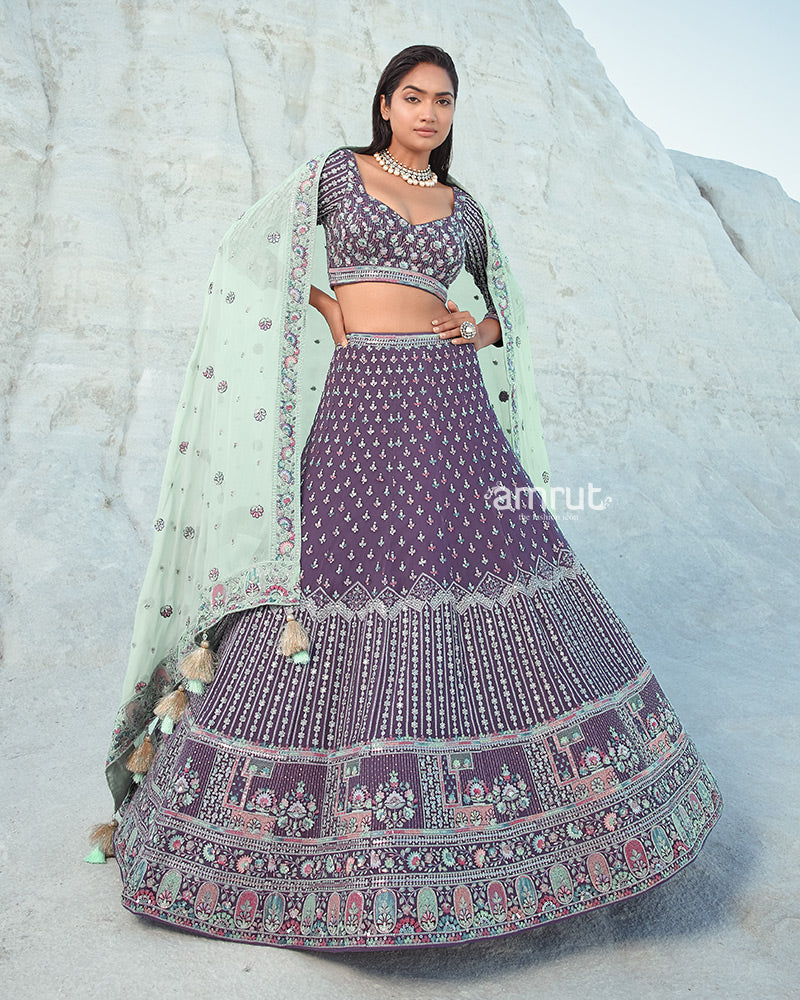 Purple Lehenga Set in Georgette With Floral Sequin Work