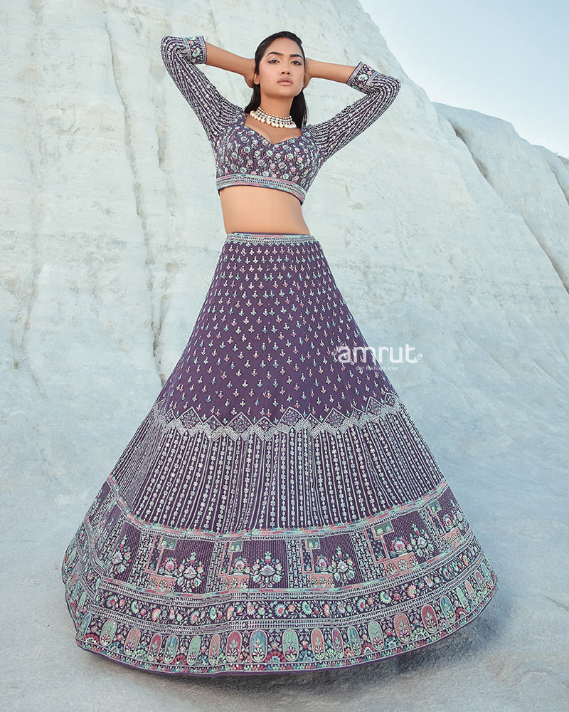 Purple Lehenga Set in Georgette With Floral Sequin Work