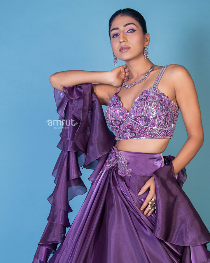 Purple Lehenga With Crop Top Featuring Embroidered Bralette Blouse and Frills Dupatta