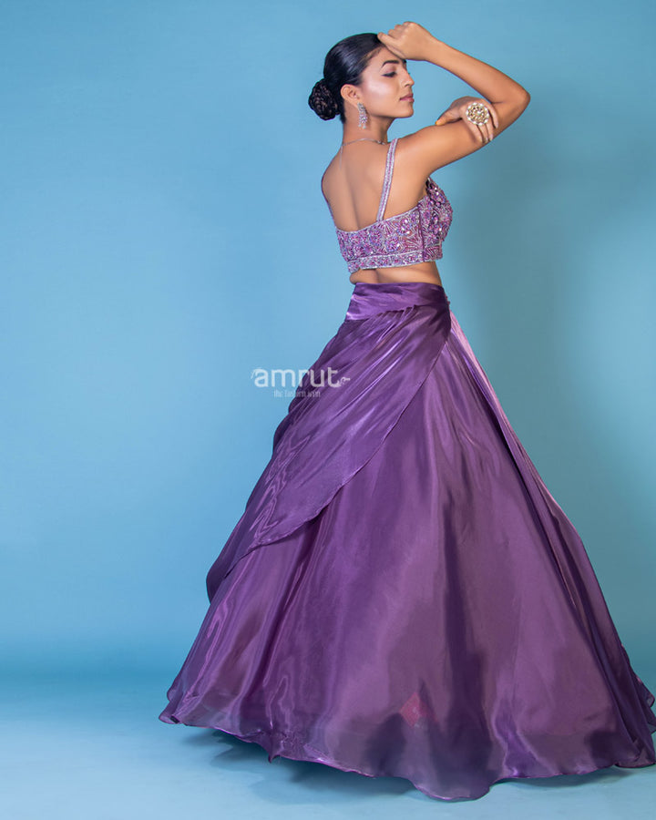 Purple Lehenga With Crop Top Featuring Embroidered Bralette Blouse and Frills Dupatta