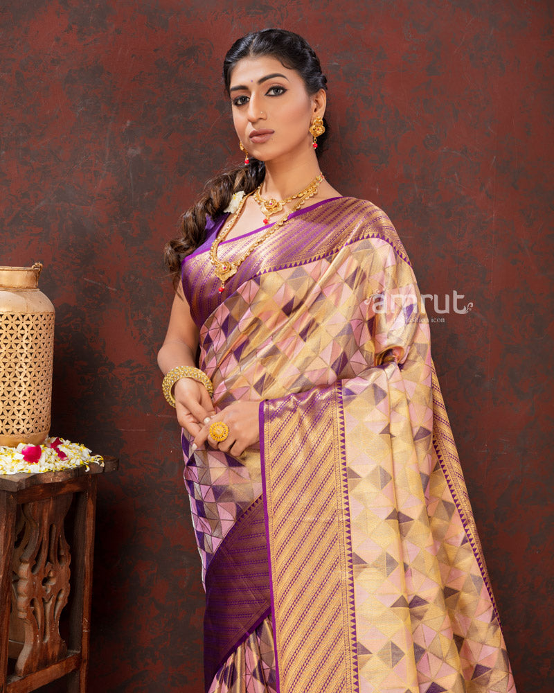 Purple Multi-color Kanjivaram Silk Saree With Zari Woven Pallu