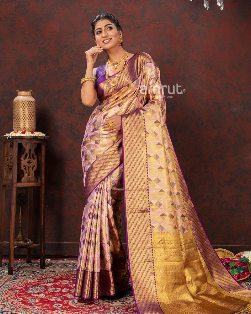 Purple Multi-color Kanjivaram Silk Saree With Zari Woven Pallu