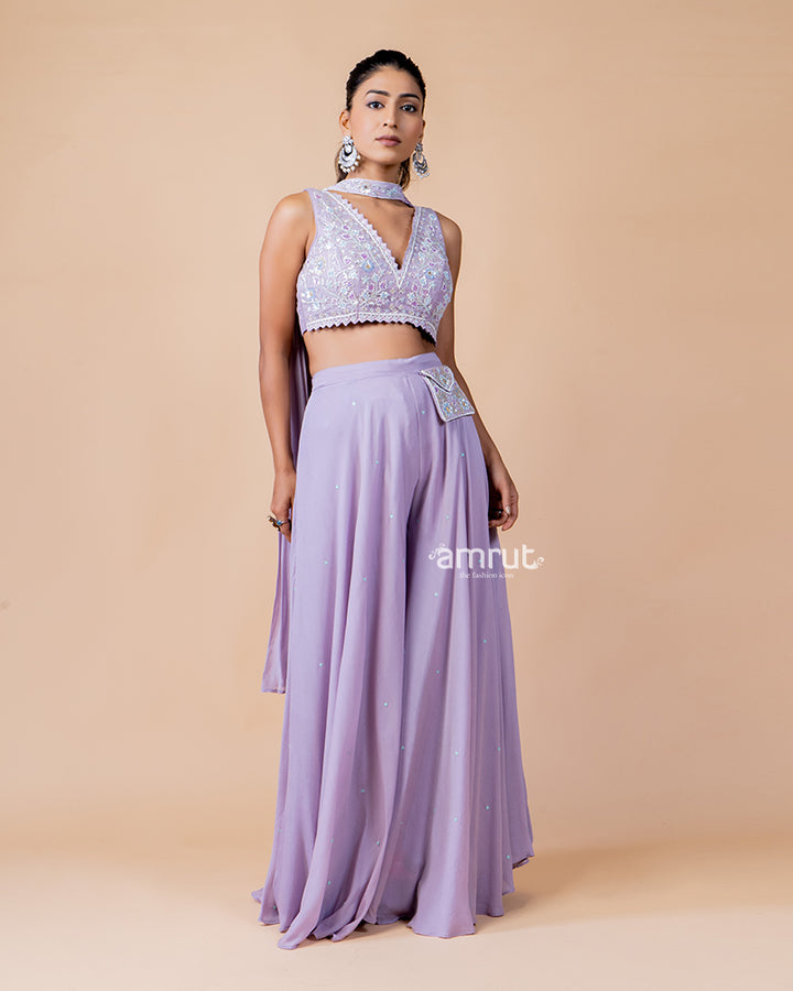 Purple Palazzo and Crop Top Set with Net Dupatta