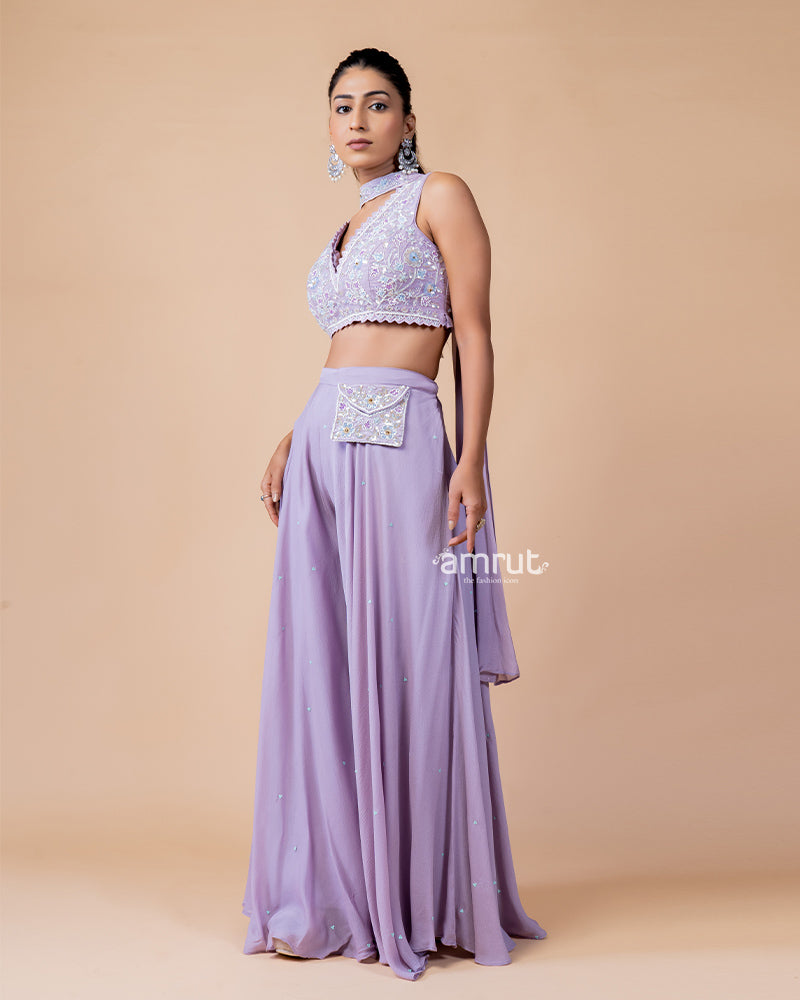 Purple Palazzo and Crop Top Set with Net Dupatta