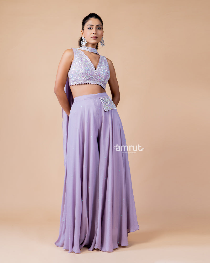 Purple Palazzo and Crop Top Set with Net Dupatta