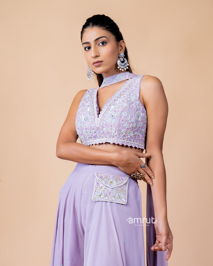 Purple Palazzo and Crop Top Set with Net Dupatta