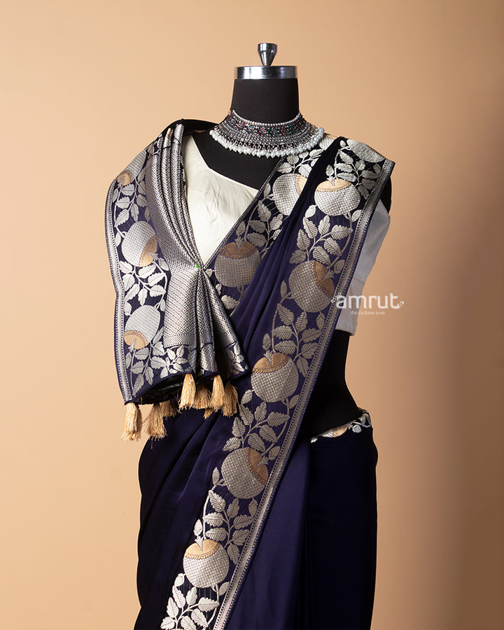 Purple Silk Zari Embroidered Saree With Unstitched-Blouse