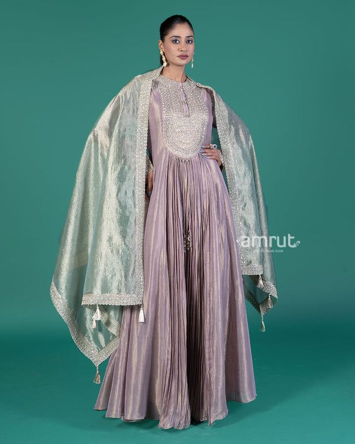 Purple Beaded Embellished Gown with Sage Green Dupatta 01