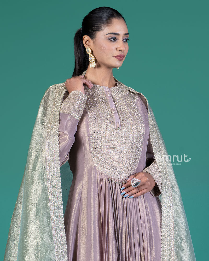 Purple Beaded Embellished Gown with Sage Green Dupatta 02