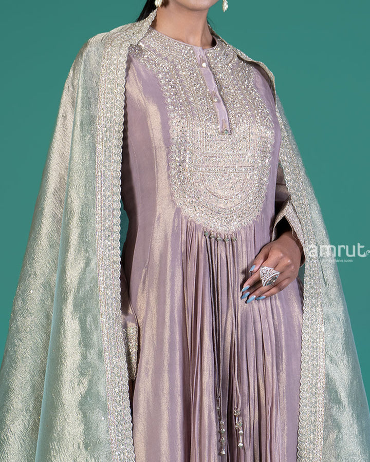 Purple Beaded Embellished Gown with Sage Green Dupatta 03