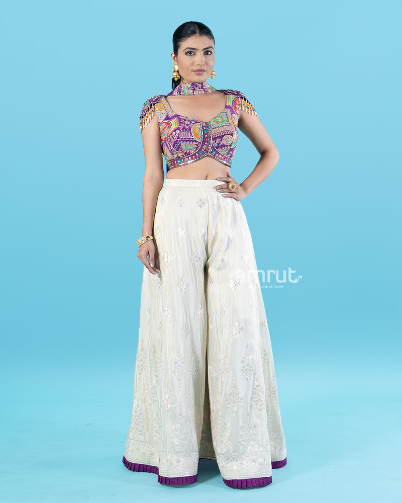 Purple Crop Top with Embroidered Palazzo Pants and Choker Dupatta 01