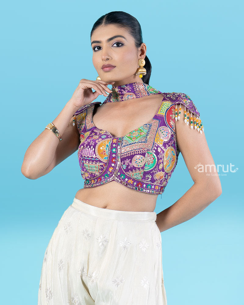 Purple Crop Top with Embroidered Palazzo Pants and Choker Dupatta 02