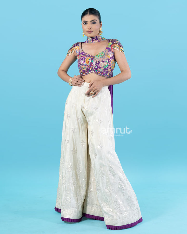 Purple Crop Top with Embroidered Palazzo Pants and Choker Dupatta 05
