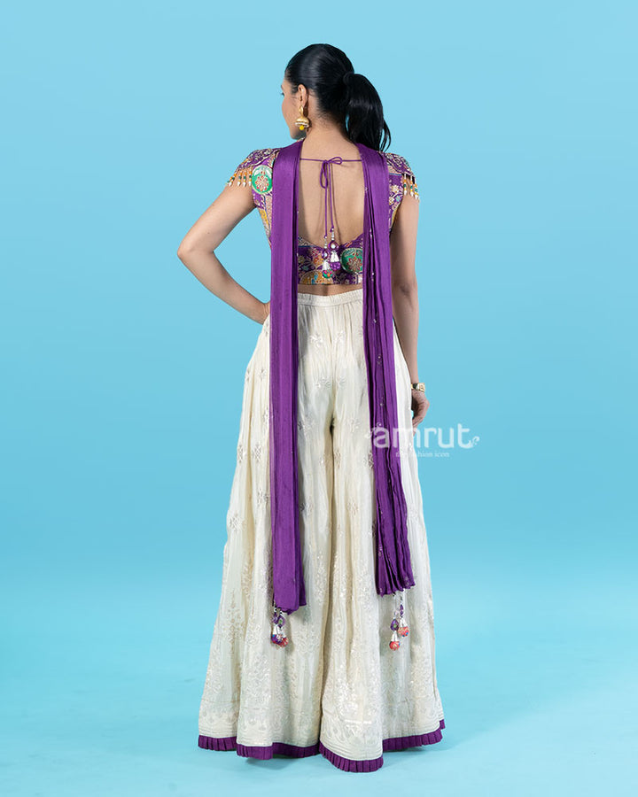 Purple Crop Top with Embroidered Palazzo Pants and Choker Dupatta 06