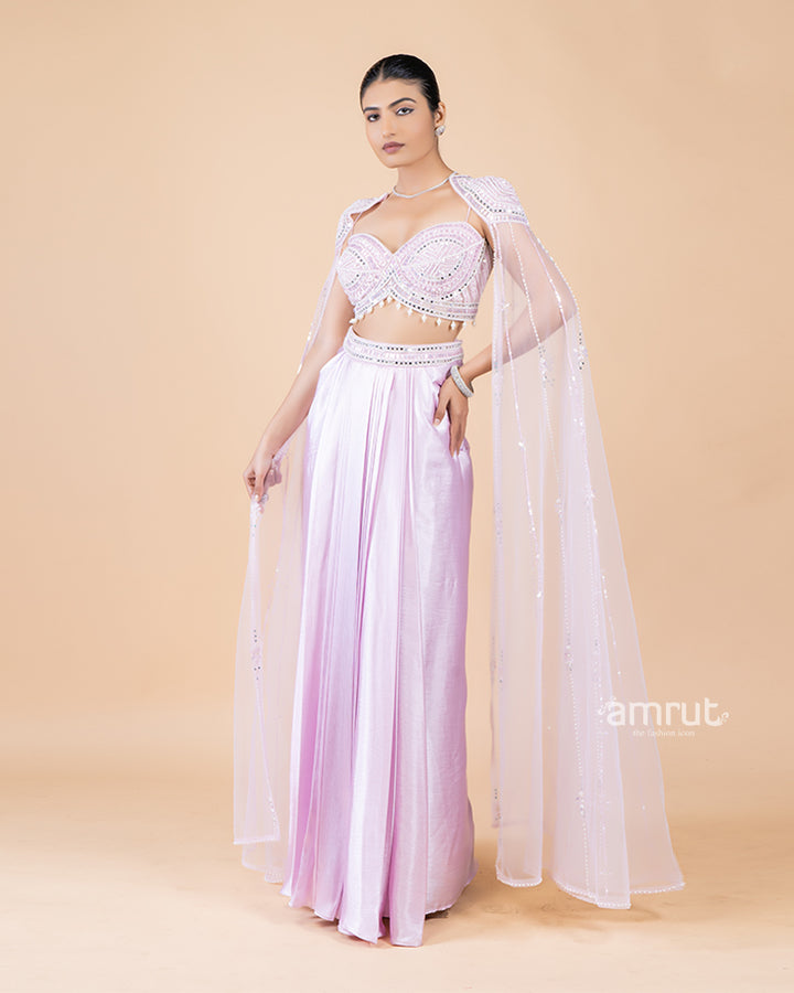 Purple Draped Skirt with Embellished Top and Stylish Sleeves(01)
