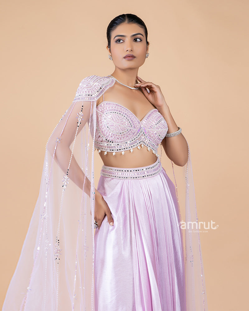 Purple Draped Skirt with Embellished Top and Stylish Sleeves(02)
