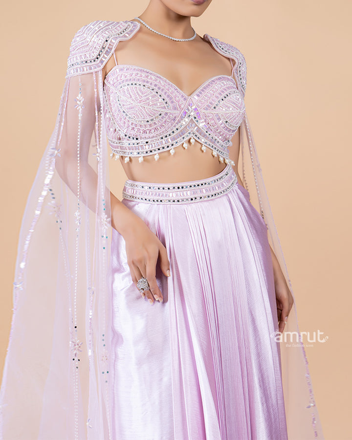 Purple Draped Skirt with Embellished Top and Stylish Sleeves(03)