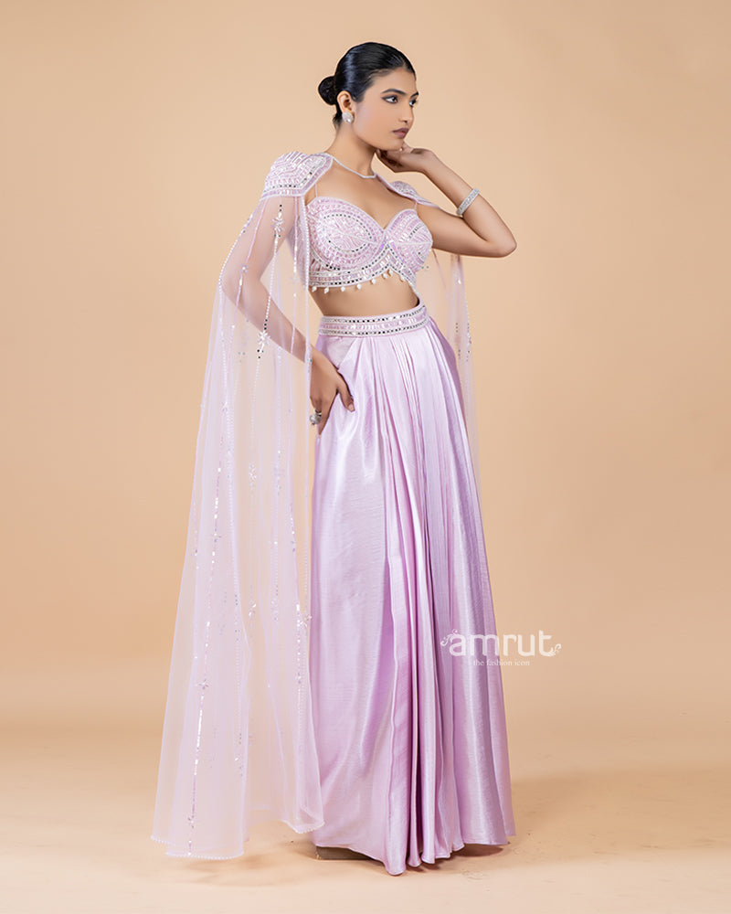 Purple Draped Skirt with Embellished Top and Stylish Sleeves(04)