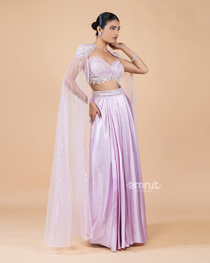 Purple Draped Skirt with Embellished Top and Stylish Sleeves(04)