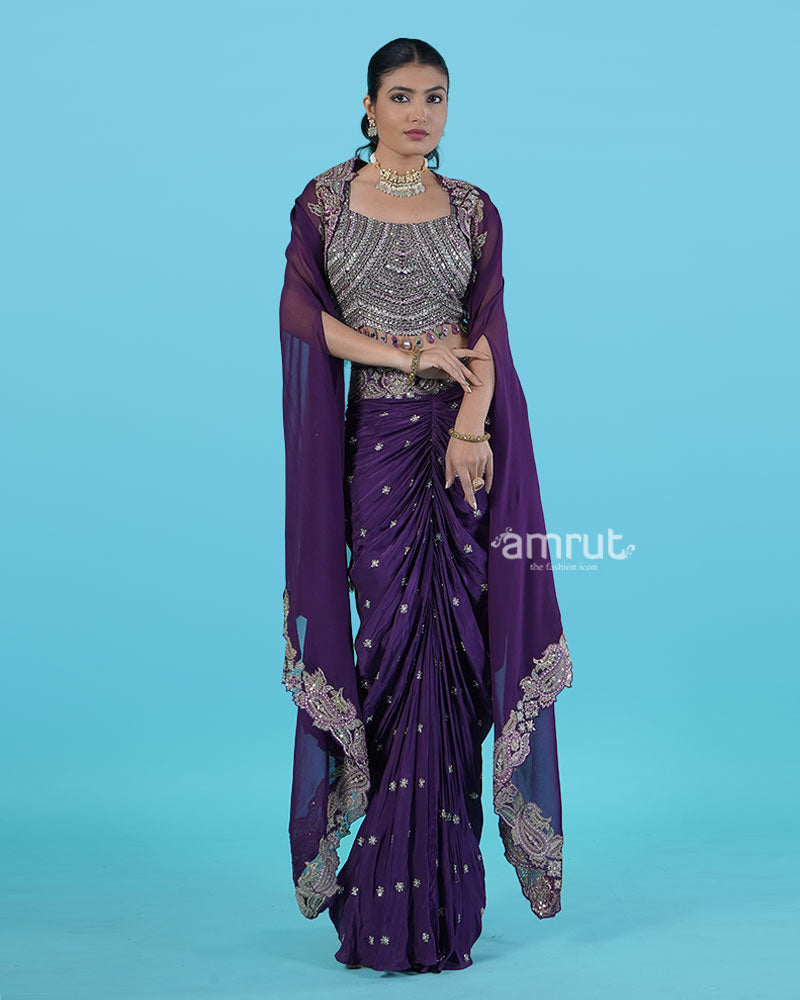 Purple Embellished Choli with Draped Skirt and Embroidered Cape 01