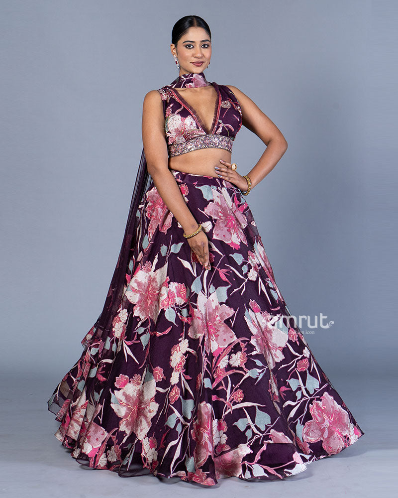 Purple Floral Embellish Lehenga Choli with Dupatta  01