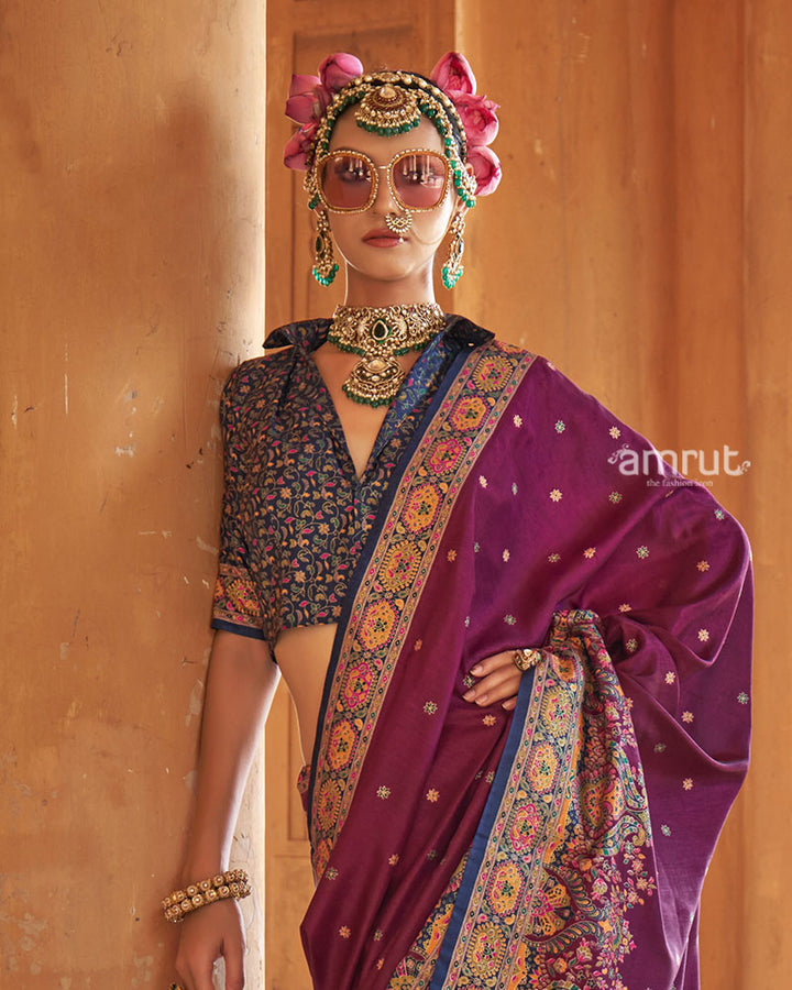 Purple Floral Printed Border Saree with Unstitched Blouse 02