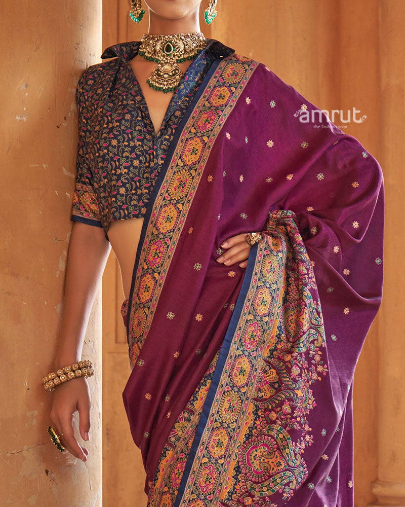 Purple Floral Printed Border Saree with Unstitched Blouse 03