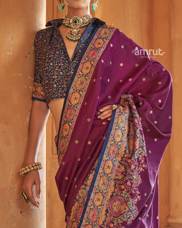Purple Floral Printed Border Saree with Unstitched Blouse 03