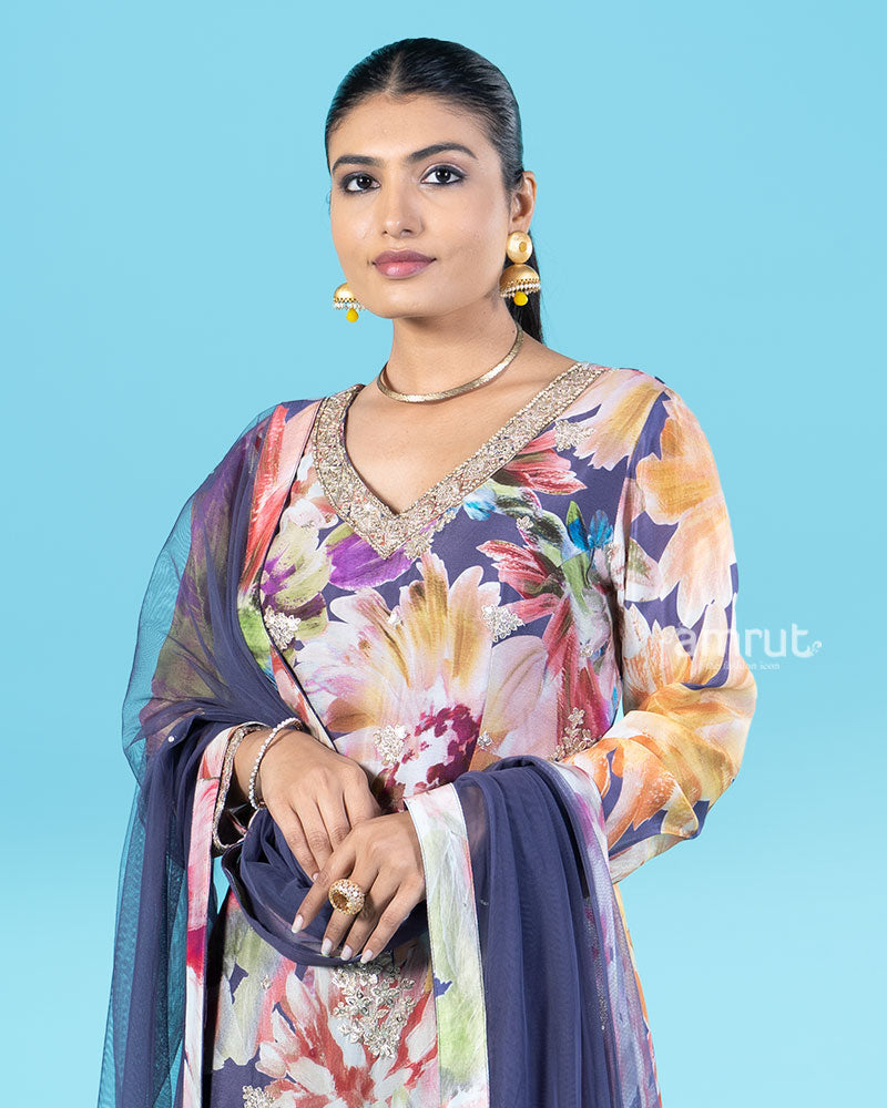 Purple Floral Printed Salwar Kameez with Golden Embellishments and Matching Dupatta 02
