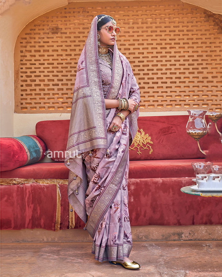 Purple Floral Printed Silk Saree with Unstitched Blouse 01