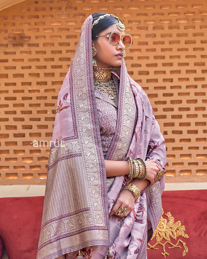 Purple Floral Printed Silk Saree with Unstitched Blouse 02