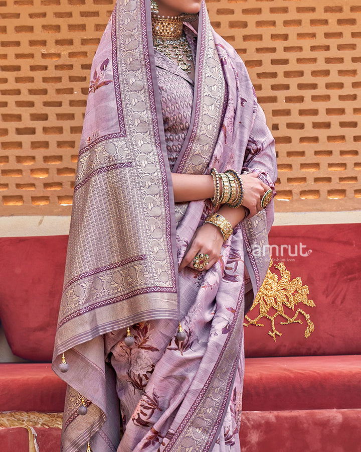 Purple Floral Printed Silk Saree with Unstitched Blouse 03