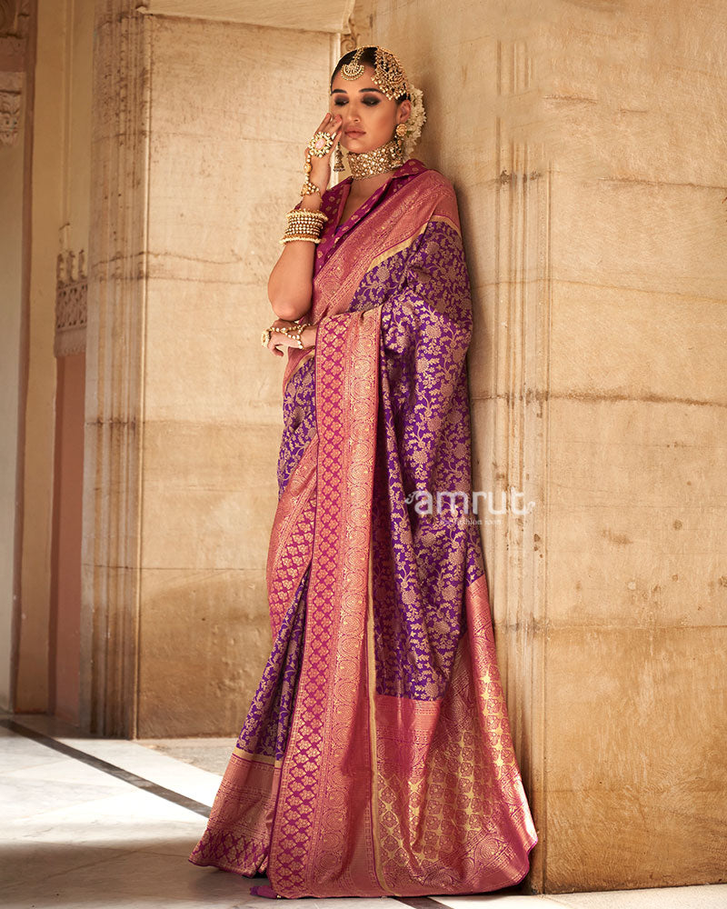 Purple Gold-Toned Ethnic Motifs Design Zari Silk Saree with Unstitched Blouse 01