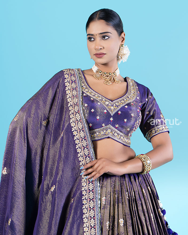 Purple Golden Embroidered Lehenga Choli with Dupatta 02