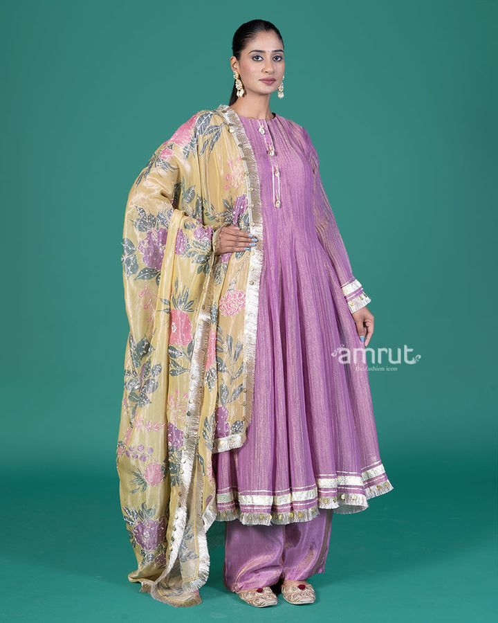 Purple Golden Trim Anarkali Dress with Palazzo Pants and Floral Dupatta 01