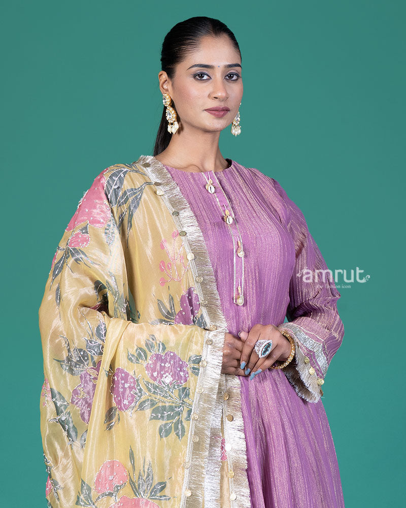 Purple Golden Trim Anarkali Dress with Palazzo Pants and Floral Dupatta 02