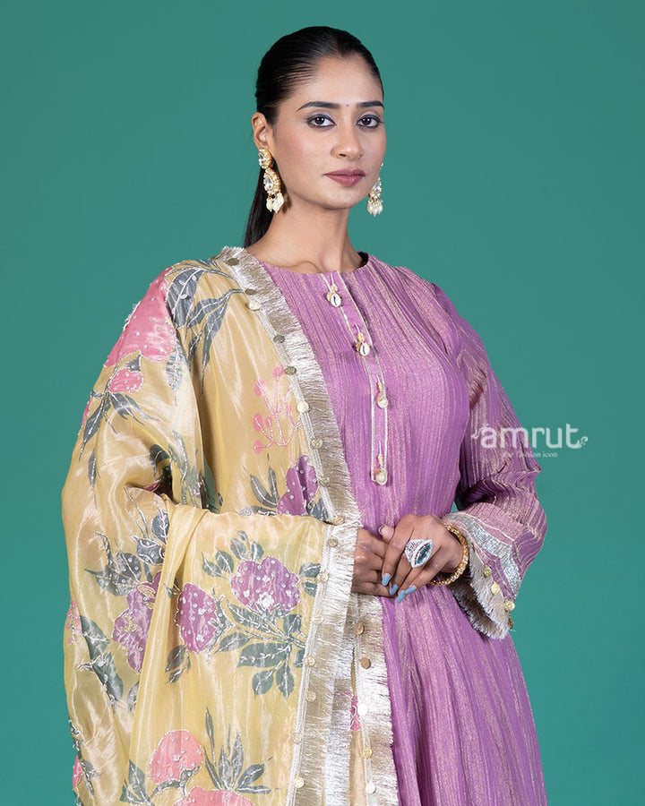 Purple Golden Trim Anarkali Dress with Palazzo Pants and Floral Dupatta 02