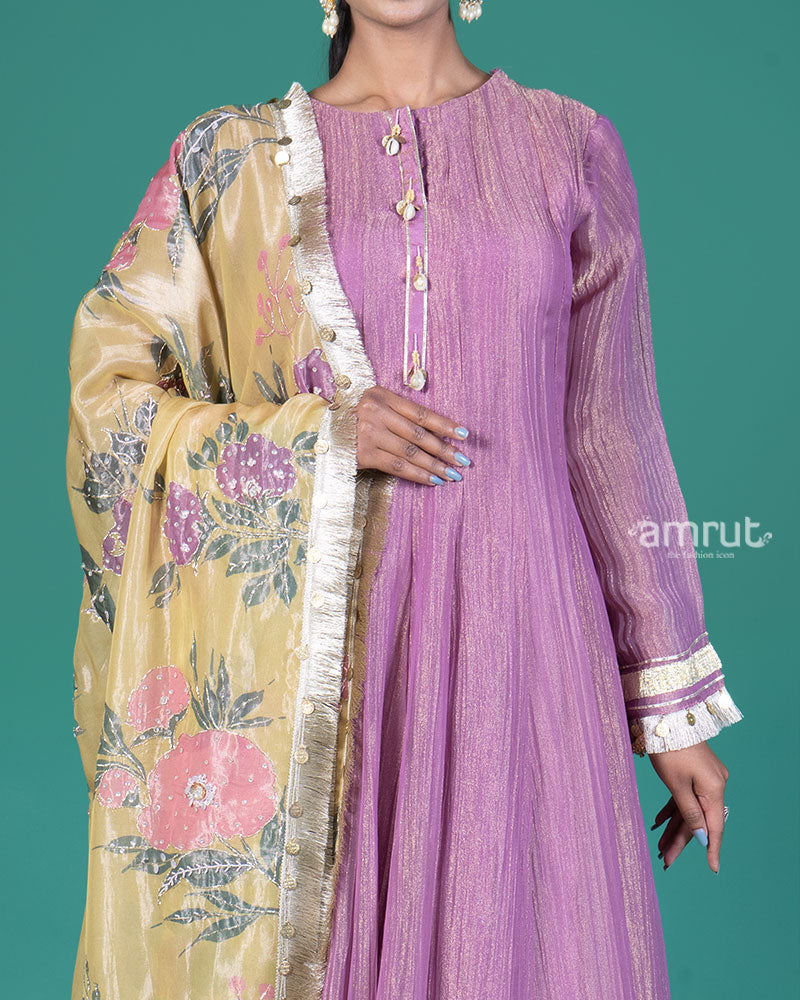 Purple Golden Trim Anarkali Dress with Palazzo Pants and Floral Dupatta 03