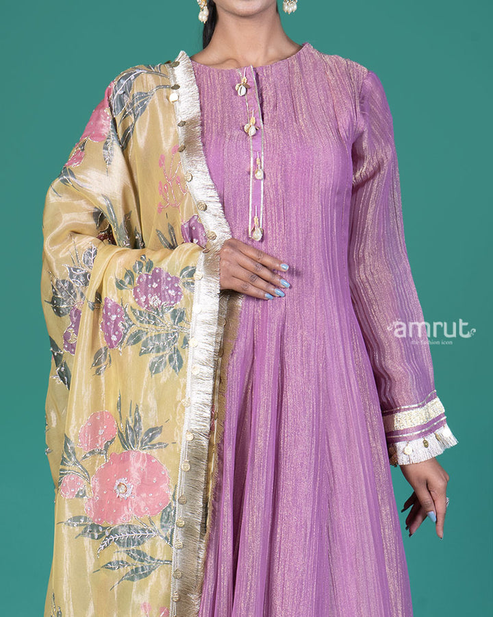 Purple Golden Trim Anarkali Dress with Palazzo Pants and Floral Dupatta 03