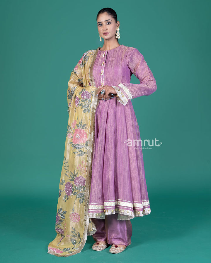 Purple Golden Trim Anarkali Dress with Palazzo Pants and Floral Dupatta 04