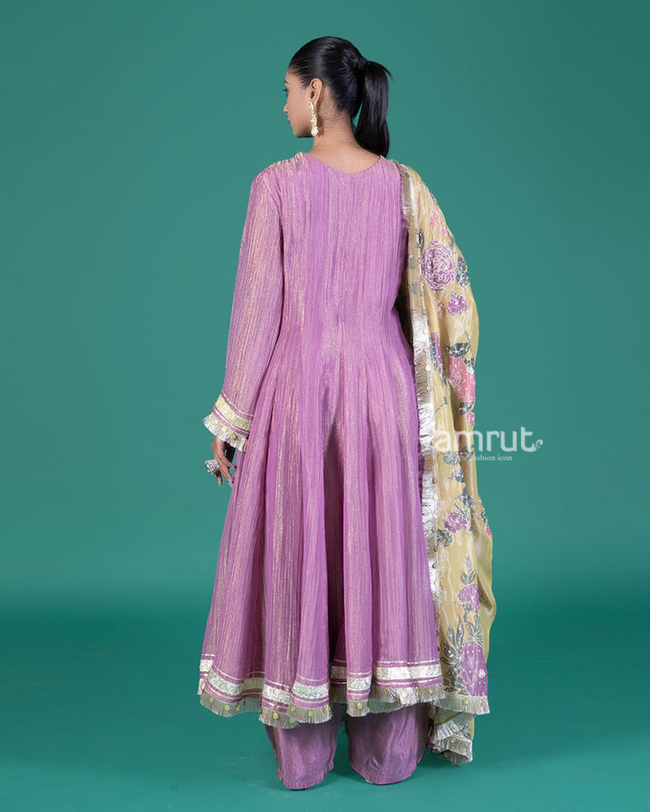 Purple Golden Trim Anarkali Dress with Palazzo Pants and Floral Dupatta 05