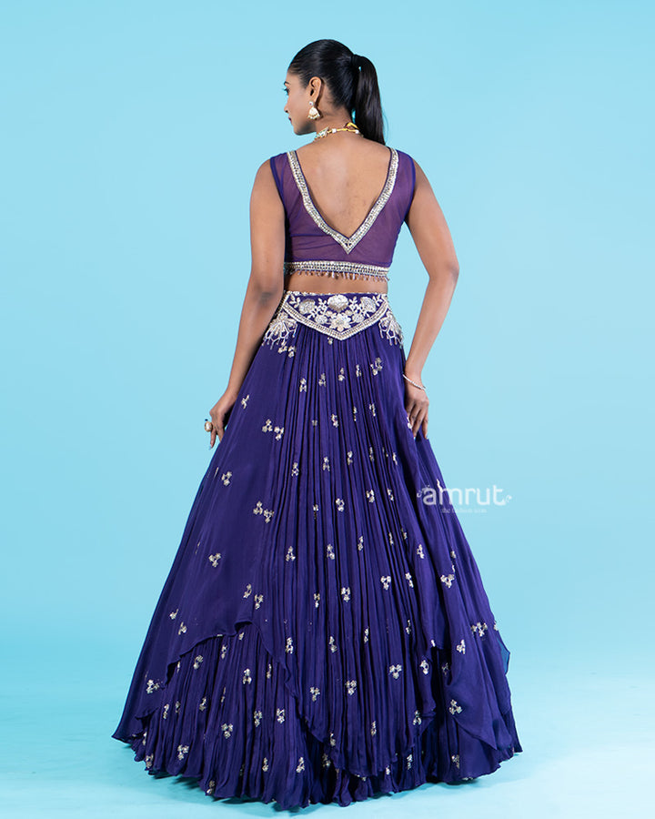 Purple Lehenga Choli with Silver Floral Embroidery and Beading 04
