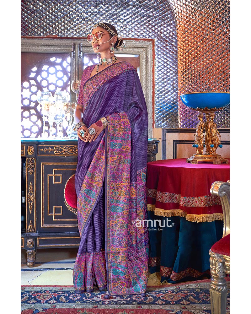 Purple Pashmina Silk Saree with Exquisite Heavy Print Border 01