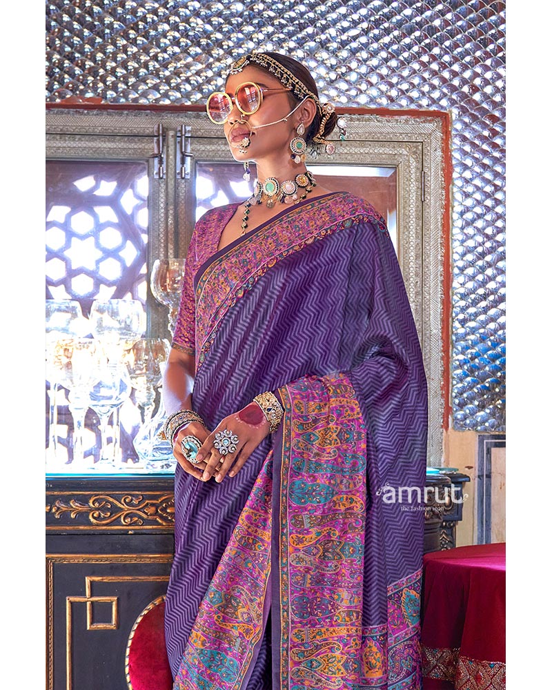 Purple Pashmina Silk Saree with Exquisite Heavy Print Border 02